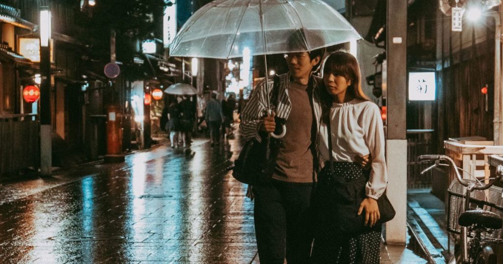 couple walking town 